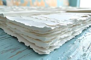 Rustic Textured Paper Stack on Blue Wooden Table for Artistic Projects photo