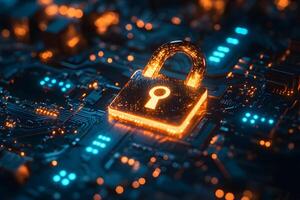 Cybersecurity Concept with Glowing Lock on Circuit Board Background for Digital Security Design photo