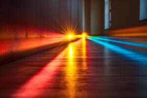 Colorful Light Beams Creating a Striking Visual Display on a Wooden Floor photo