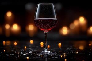 Elegant Wine Glass with Red Wine and Candlelight Bokeh for Romantic Dining Atmosphere photo