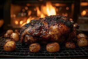 Gourmet Roasted Lamb with Potatoes by the Fireplace - Culinary Delight for Cozy Dining photo