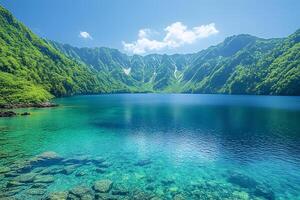 Tranquil Mountain Lake in Spring with Crystal-Clear Waters and Lush Greenery photo