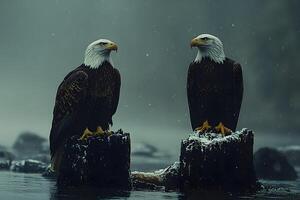 Majestic Bald Eagles Perched in Snowy Winter Wilderness for Wildlife Photography photo
