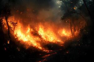 Intense Forest Fire in Dense Woodland Setting for Environmental Impact Studies photo