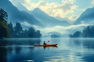 Serene Kayaking Adventure on Misty Mountain Lake at Dawn photo