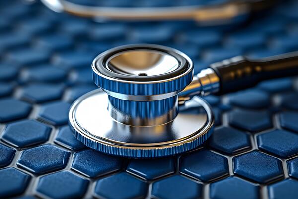 Healthcare Concept with Stethoscope on Hexagonal Blue Surface for Medical Design