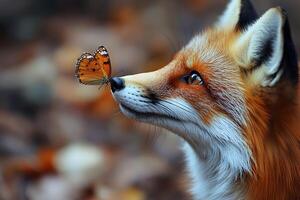 Enchanting Encounter Fox and Butterfly in Autumn Wilderness for Nature and Wildlife Art photo