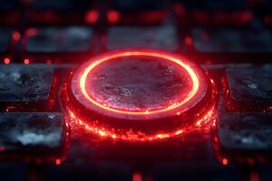Futuristic Red-Illuminated Interface Button on Grunge Surface for Sci-Fi Themes photo