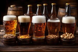 Craft Beer Variety with Ingredients Displayed in Rustic Brewery Setting photo