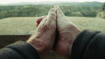Hands Of An Elderly Man Touch The Balcony And Overlooks The Nature Outdoor Balcony video