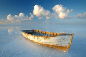 Tranquil Wooden Boat on Serene Salt Flat Under Majestic Clouds photo