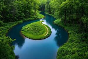 Serene Forest River Bend in Lush Greenery for Nature and Travel Design Projects photo