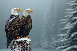 Majestic Bald Eagles Perched in Snowy Pine Forest photo