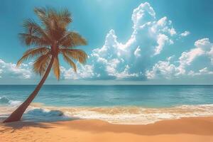 Tropical Beach with Palm Tree and Waves Under Vibrant Sky for Relaxation and Travel Inspiration photo