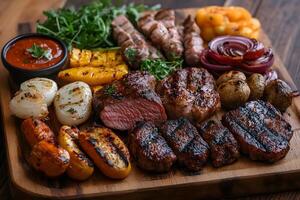 Grilled Meat Platter with Vegetables and Sauce - Perfect for Barbecue, Parties, and Celebrations photo