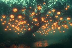 Enchanted Tree with Glowing Orbs by a Tranquil River in a Mystical Forest photo