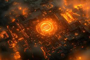 Futuristic Cyberpunk Cityscape with Glowing Circuitry and Neon Lights for Sci-Fi Design photo