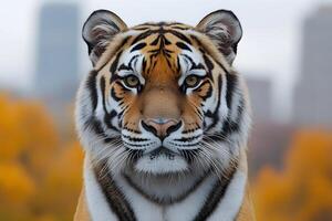 Majestic Tiger Portrait in Autumn Urban Setting for Wildlife Photography photo