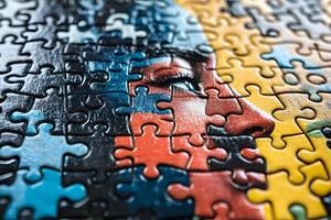 Close-Up of Colorful Jigsaw Puzzle Featuring Artistic Portrait Design for Creativity and Brain Teasers photo