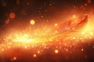 Magical Golden Feather in Glowing Sparkling Light for Fantasy Design photo