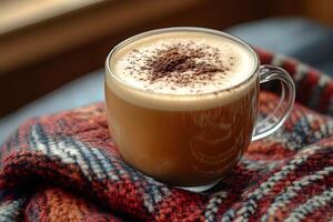 Cozy Autumn Ambiance with Warm Latte on Knitted Blanket for Relaxation and Comfort photo