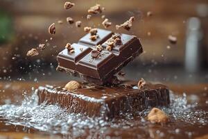 Dynamic Chocolate Bar Explosion with Splashing Liquid and Nuts for Food Photography photo