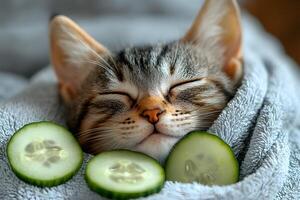 Adorable Kitten Relaxing with Cucumber Slices and Cozy Blanket - Spa Pampering Concept photo