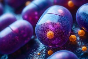 Close-Up of Futuristic Purple Capsules with Micro-Particles Concept of Advanced Medicine and Nanotechnology photo