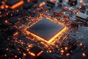 Futuristic Technology Circuit Board with Glowing Semiconductor for High-Tech Design photo