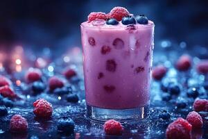 Refreshing Mixed Berry Smoothie with Raspberries and Blueberries in a Glass on Icy Surface photo
