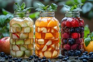 Refreshing Fruit Infused Water with Apples, Oranges, and Berries in Jars photo