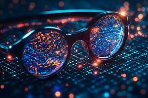 Futuristic Glasses Reflecting Digital Matrix - Cyber Technology Concept for Innovative Designs photo