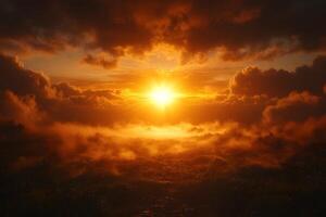 Majestic Sunset Over Misty Landscape with Dramatic Clouds and Warm Light photo