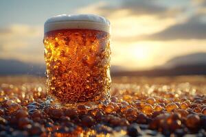 Refreshing Beer on Pebble Beach at Sunset Perfect for Summer Vacations and Relaxation photo
