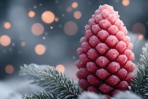 Frosted Pink Pine Cone with Fir Branches and Glowing Bokeh for Holiday Design photo
