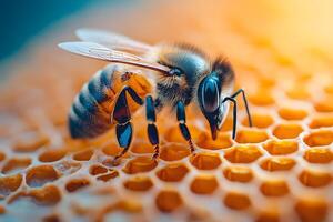 Close-Up of a Honeybee on Honeycomb Nature's Pollinator in Action photo
