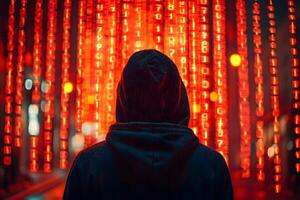 Cybersecurity Threat in Digital Age - Anonymous Hacker in Encrypted Data Stream photo