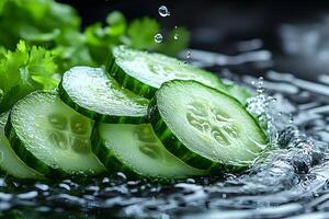 Freshness of Sliced Cucumbers with Water Splash for Healthy Living and Refreshing Design Projects photo