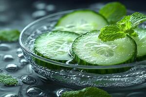 Fresh Cucumber Slices and Mint Leaves with Water Droplets - Refreshing Summer Concept photo