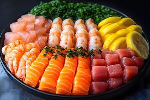 Fresh Sushi Platter with Assorted Sashimi and Garnishes for Culinary Presentation photo