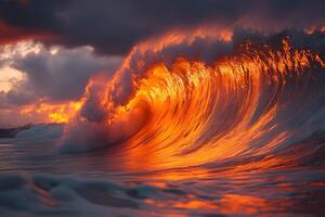 Dramatic Ocean Wave at Sunset Nature's Fiery Spectacle for Print and Poster Design photo