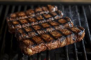 Grilled Juicy Steak on BBQ Grill with Perfect Grill Marks for Summer Barbecue photo
