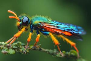 Close-Up of Vibrant Jewel Wasp on a Branch for Nature and Insect Study photo