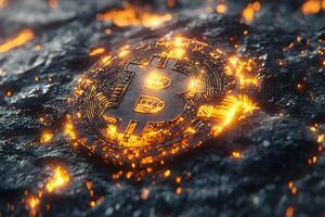 Fiery Bitcoin Symbol on Lava Background Cryptocurrency Concept for Digital Finance Designs photo
