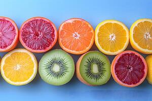 Vibrant Citrus and Kiwi Fruit Slices on Blue Background for Food Design photo