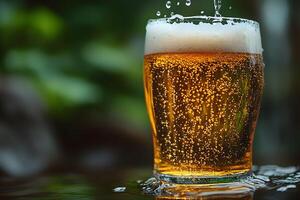 Refreshing Pint of Amber Lager with Foamy Head in Nature Setting photo