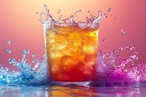 Vibrant Splash of Refreshing Iced Drink Against Colorful Backdrop for Beverage Promotions photo