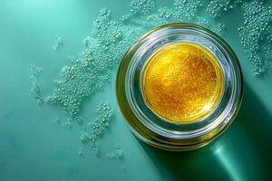 Aesthetic Beauty Product with Golden Liquid Highlighted on Teal Background for Skincare Design photo