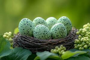 Springtime Nest with Speckled Eggs in Lush Greenery photo