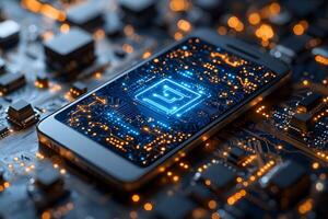 Futuristic Smartphone with Microchip on Circuit Board for Technology Concepts photo